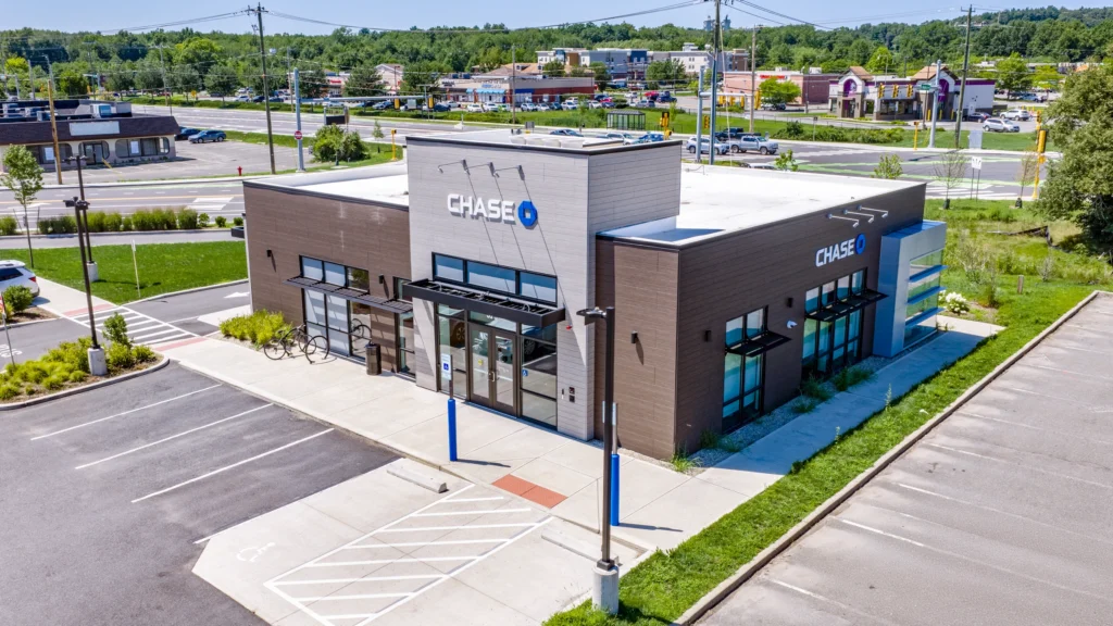 Aerial view of the Chase Bank building and parking lot near Hampshire Mall in Hadley, Massachusetts.