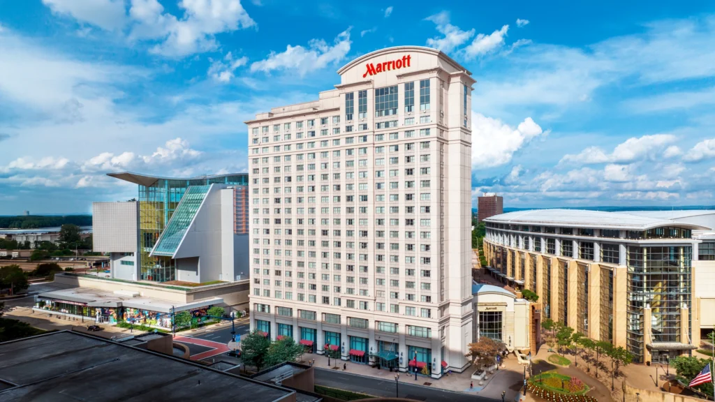 Aerial view of the Hartford Marriott hotel and surrounding downtown buildings in Hartford, Connecticut.