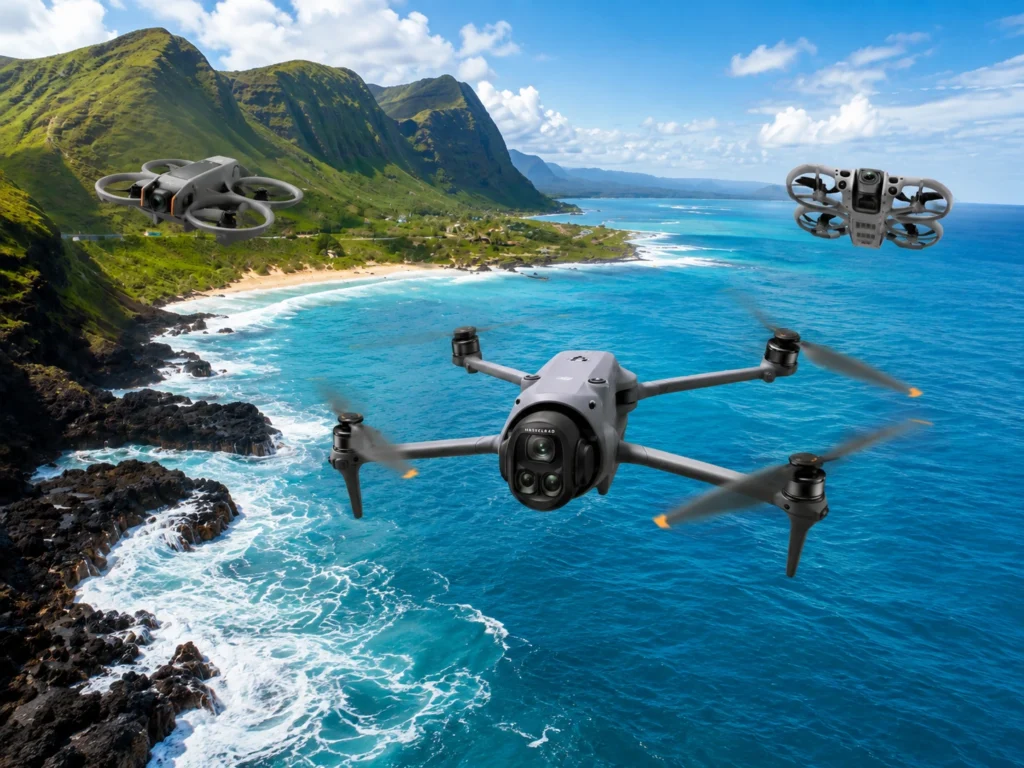 Three professional camera drones flying over a rugged Oahu coastline with steep mountains and turquoise ocean.