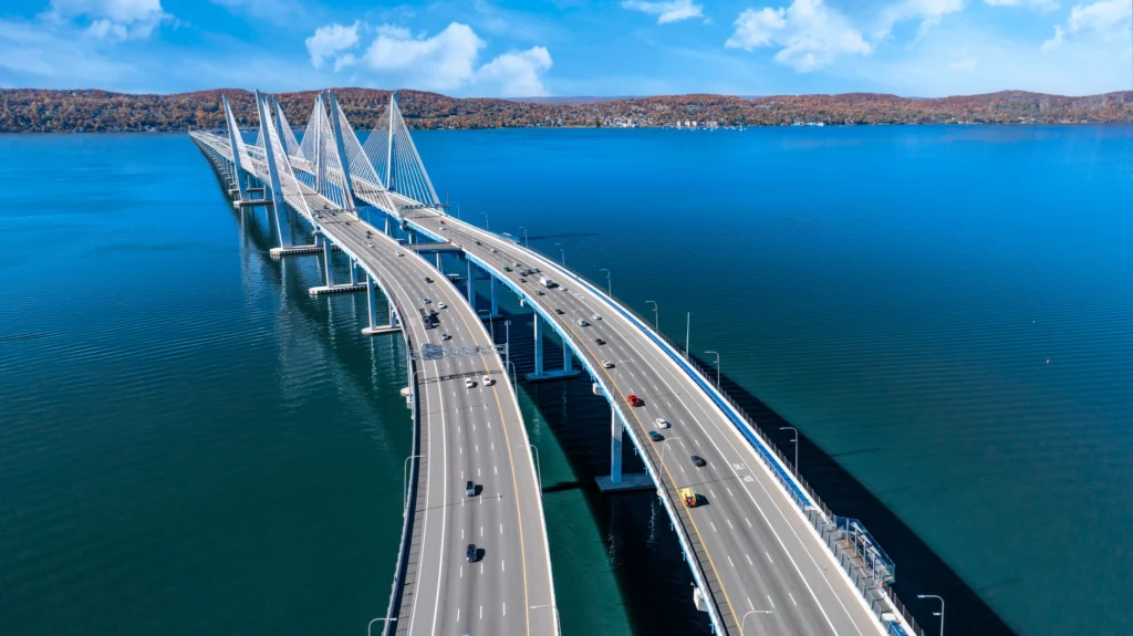 Oblique aerial view of the Tappan Zee Bridge stretching across the Hudson River near Tarrytown, New York.