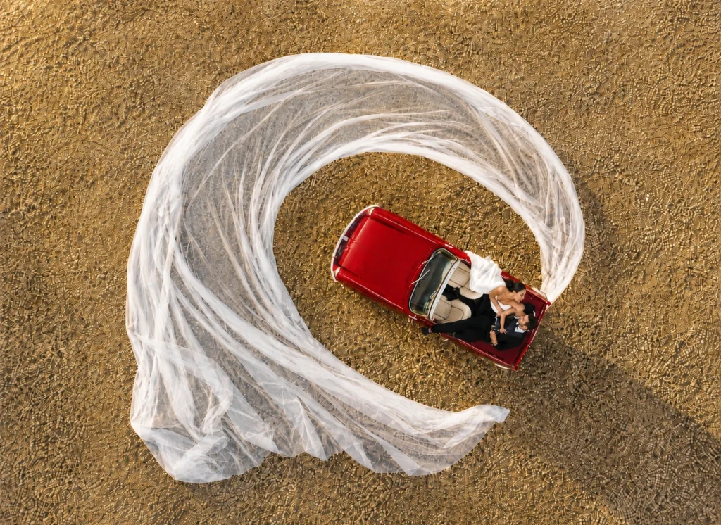 Top-down aerial wedding portrait of a bride and groom seated in a red sports car with the bride's long white veil arranged around the vehicle.